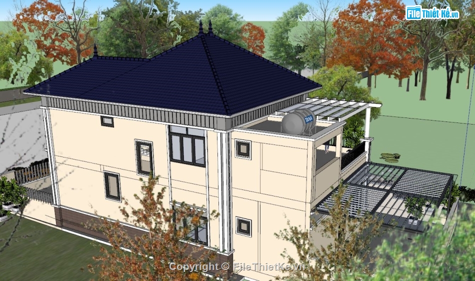 sketchup biệt thự 3 tầng,model 3d biệt thự 3 tầng,biệt thự 3 tầng